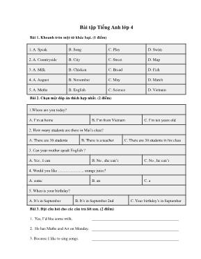 Bài tập kiểm tra môn Tiếng anh lớp 4